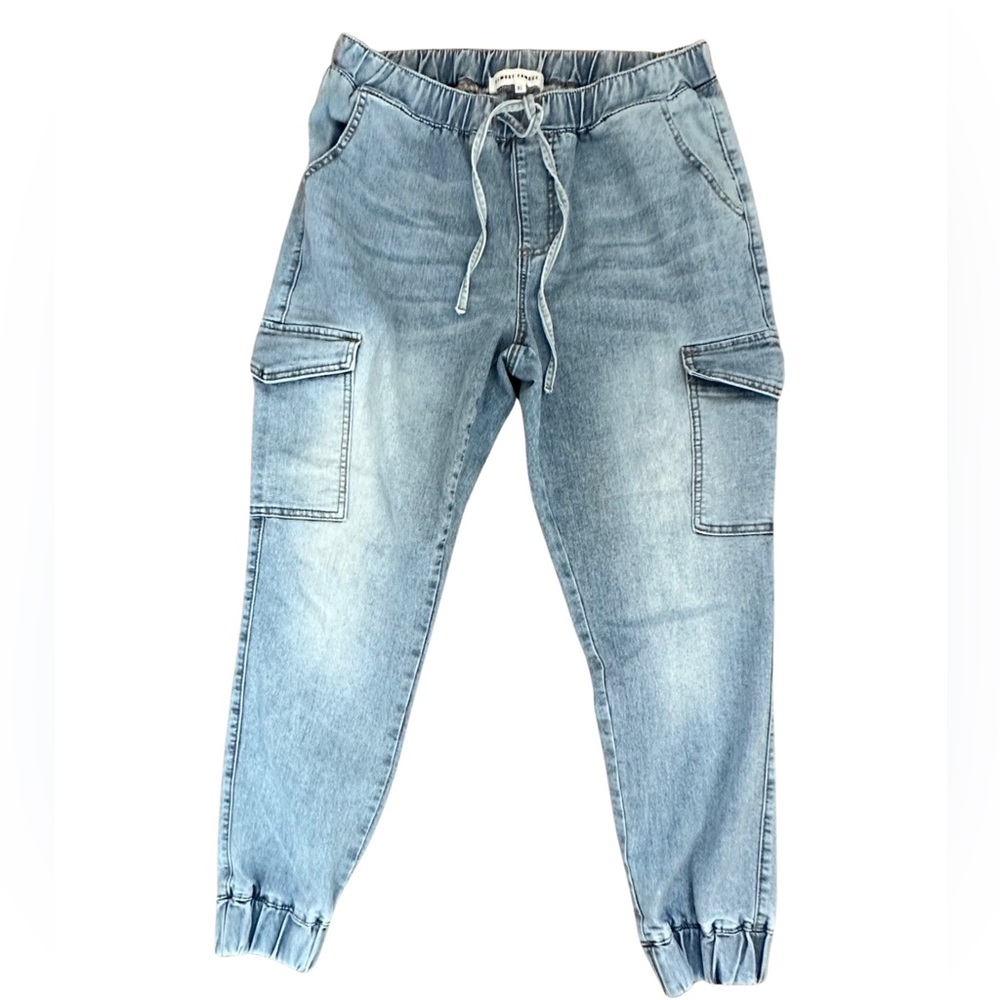 Almost Famous Cargo Denim Jogger Pants Blue Women’s Size XL.